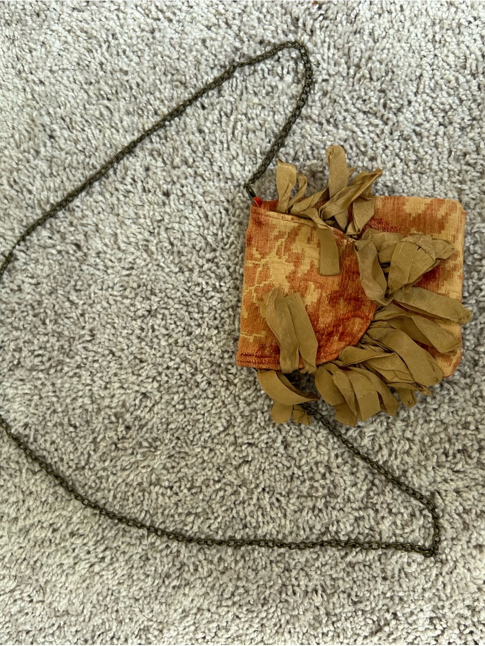 Fringed Velvet Crossbody Bag in Burnt Orange with Tan Accents